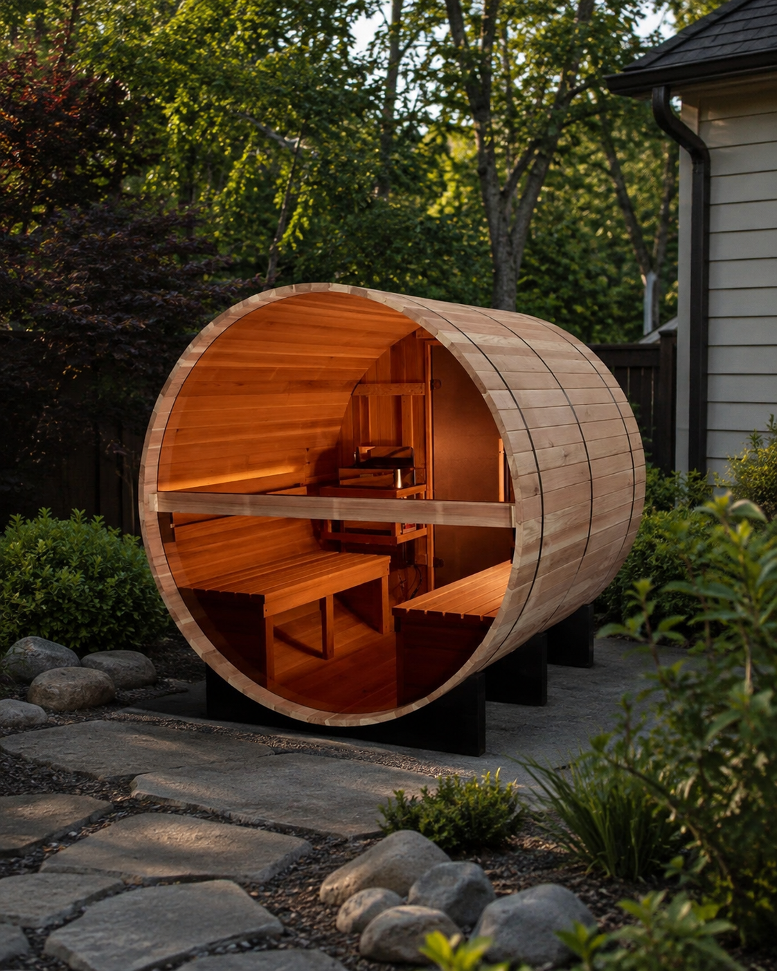 A wooden outdoor sauna cabin with a cylindrical barrel-like structure, built on a stone patio in a landscaped garden with trees and shrubs.