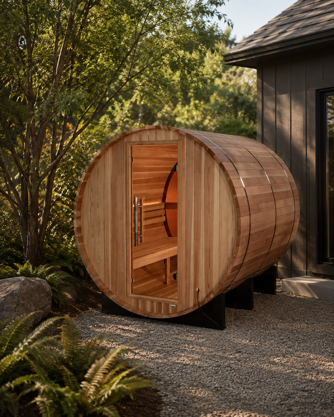 A round wooden outdoor sauna cabin with an open door, set on a gravel surface beside a dark house and green trees.