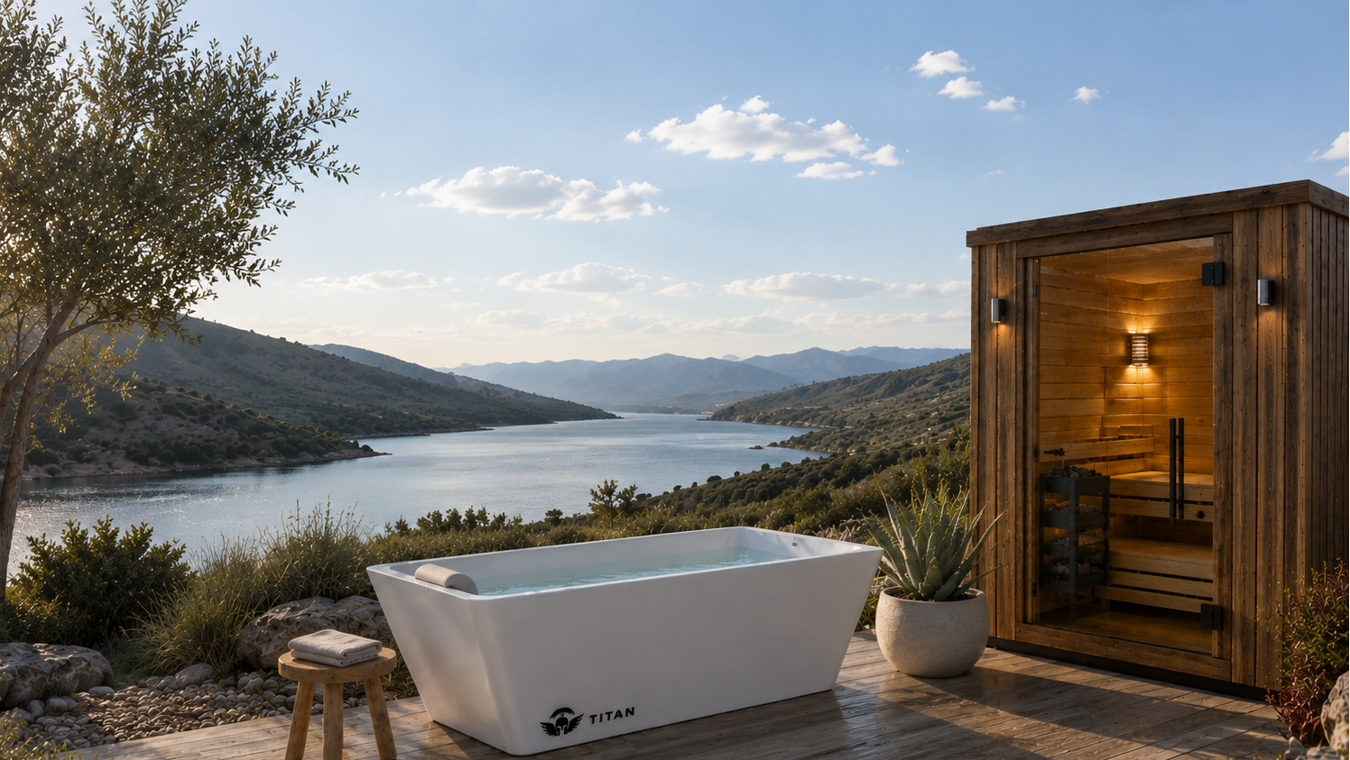 Real products in the picture. An outdoor spa scene with a white freestanding bathtub on a wooden deck beside a wooden sauna cabin, overlooking a scenic lake and mountains. Background generated by AI. 