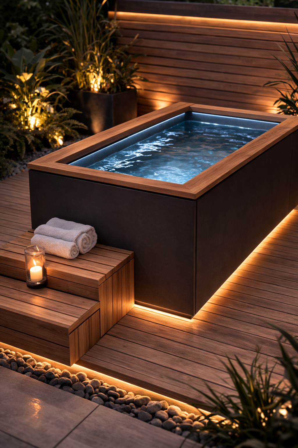 Outdoor hot tub with wooden steps and lighting, surrounded by plants and candles.