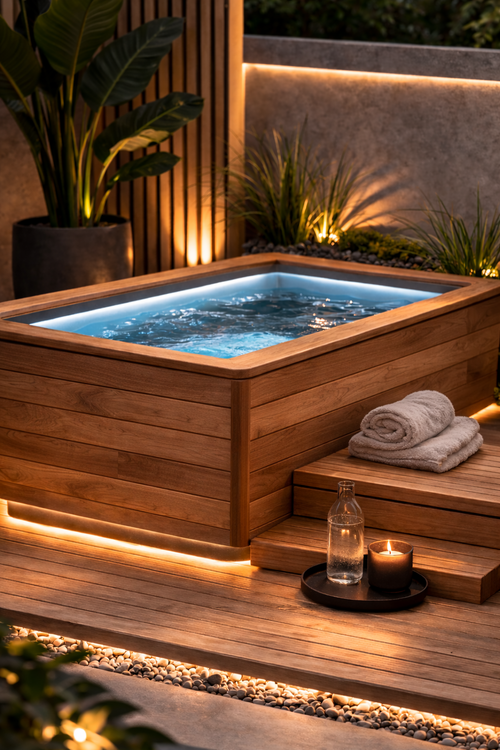 Wooden hot tub with illuminated steps and plants in an outdoor setting